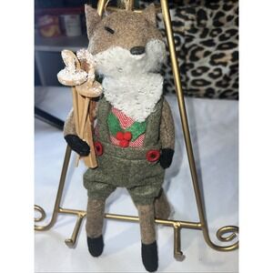 Grandpa Fox with wooden Skis Figurine Fabric and Wood approx 11 " tall‎